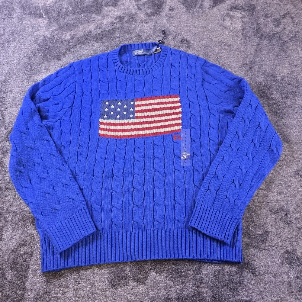 Polo Ralph Lauren Cable Knit Iconic USA Flag Sweater Mens L Blue Patriotic